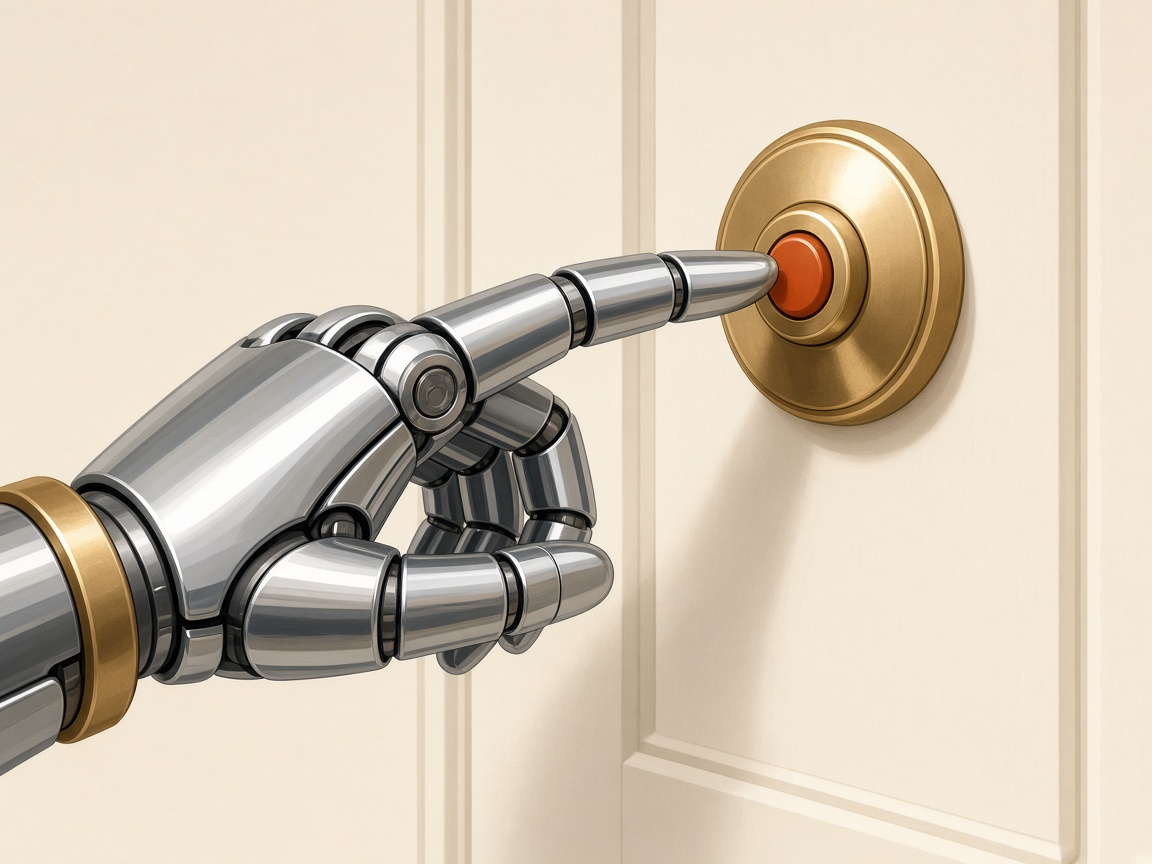 A robotic hand about to press a brass doorbell